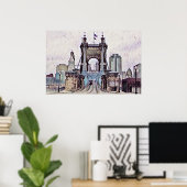 シンシナティRoeblingサスペンションブリッジ水彩 ポスター (ホームオフィス)