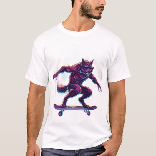 シンセウェーブの狼男スケートボーダー Tシャツ (正面)