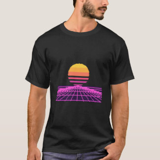 シンセウェーブ ネオンサンセット グリッド レトロ 80年代 Tシャツ