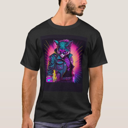 シンセウェーブ 猫 レトロ 80s ビジュアル tシャツ (正面)