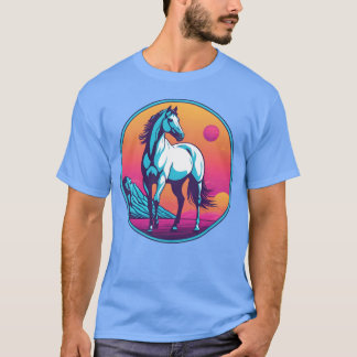 シンセウェーブ 馬の女の子 Tシャツ