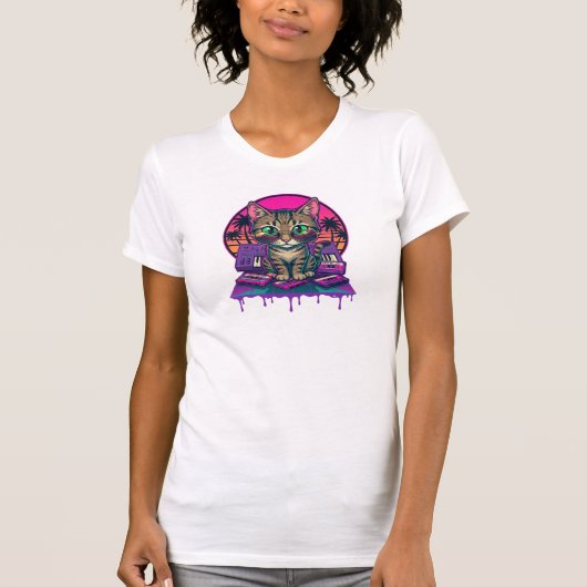 シンセウェーブDJキャット Tシャツ (正面)