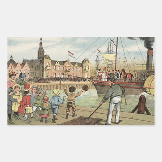 シンタクラースオランダの到着St. Nickヴィンテージ 長方形シール (正面)