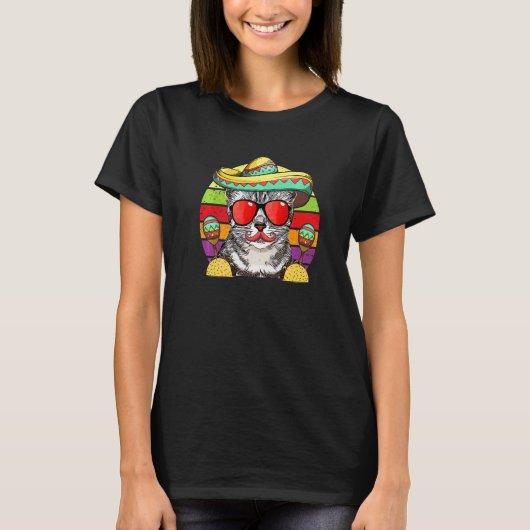 シンチョ・デ・マヨの猫のソンブレロタコスマラカス Tシャツ (正面)
