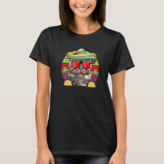 シンチョ・デ・マヨの猫のソンブレロタコスマラカス Tシャツ (正面)