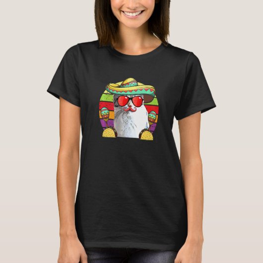 シンチョ・デ・マヨの猫のソンブレロタコスマラカス Tシャツ (正面)