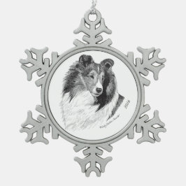 シンディAlvarado - Yeary著シェットランド・シープドッグペン及びインク スノーフレークピューターオーナメント