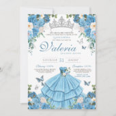 シンデレラシルバーブルーバタフライプリンセス誕生日 招待状 (正面)