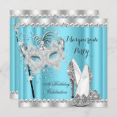 シンデレラブルーマスカレードマスクヒール誕生日 招待状 (正面/裏面)