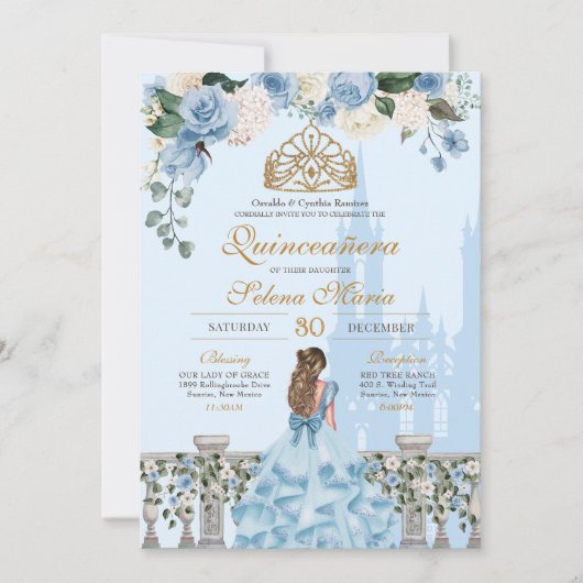 シンデレラブルーw金ゴールドフローラプリンセスキンセアニェラ 招待状 (正面)