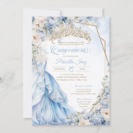 シンデレラプリンセスライトブルー金ゴールドキンセアニラ 招待状 (正面)