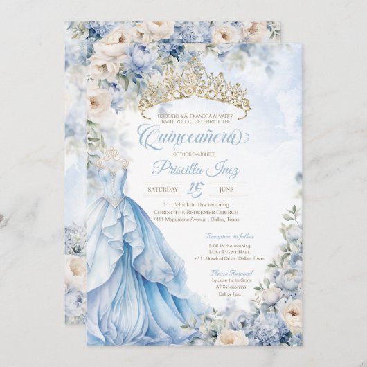 シンデレラプリンセスライトブルー金ゴールドキンセアニラ 招待状 (正面/裏面)