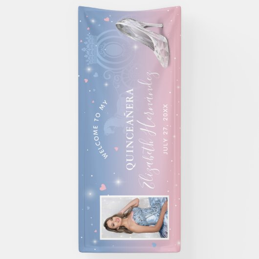 シンデレラ ライトブルーとピンクの誕生日写真 横断幕 (縦)