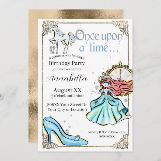 シンデレ図解入りの、写真付きのラフェアリータールテーマ 招待状 (正面/裏面)