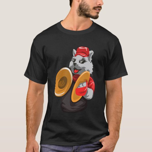 シンバルを演奏する面白いネコの打楽器 Tシャツ (正面)