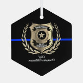 シンブルーライン警察バッジパーソナライズされたオーナメント ガラスオーナメント (裏面)