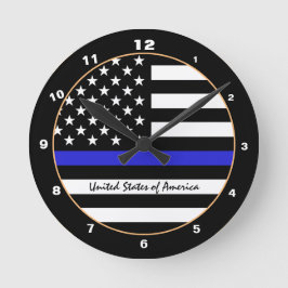 シンブルーライン&アメリカ国旗の警察/米国事務所 ラウンド壁時計