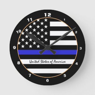 シンブルーライン&アメリカ国旗の警察/米国事務所 ラウンド壁時計