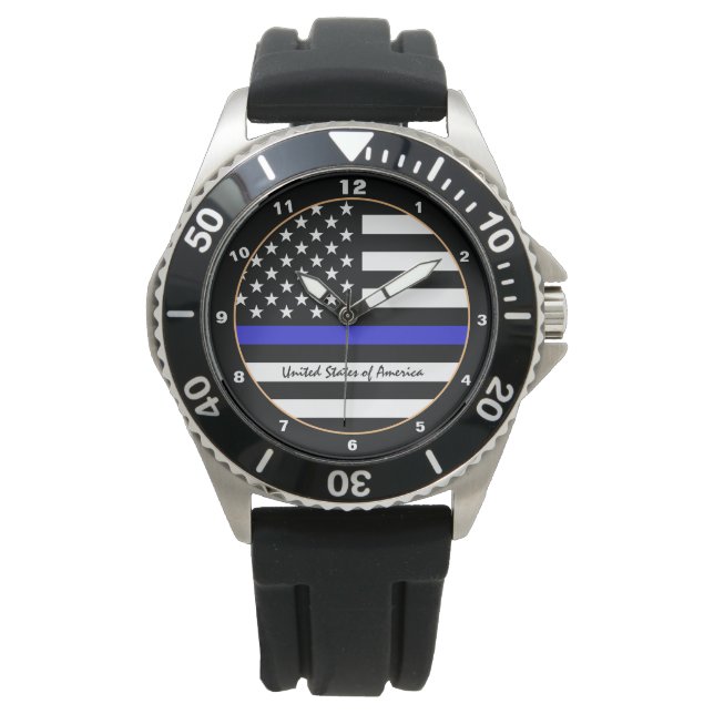 シンブルーライン&アメリカ国旗の警察/米国事務所 腕時計 (正面)
