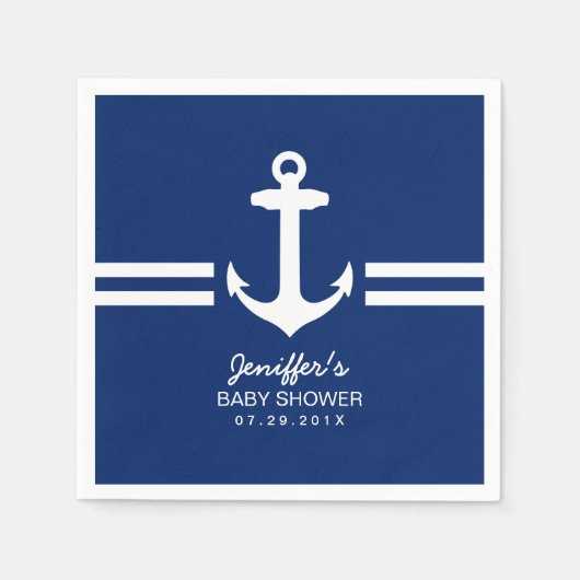 シンプルいかり航海のストライプベイビーシャワー スタンダードカクテルナプキン (正面)