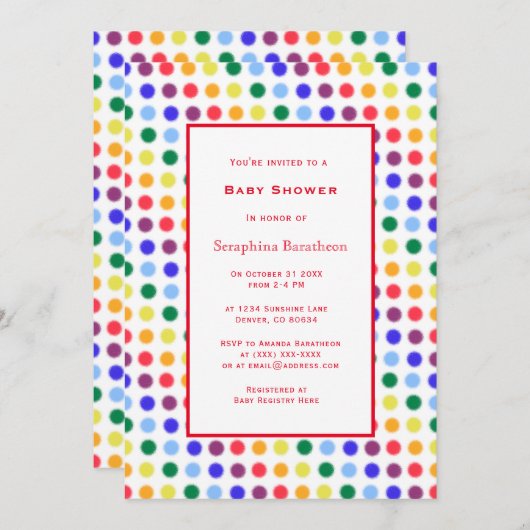 シンプルおもしろいレインボー水玉模様縁どベビーシャワー 招待状 (正面/裏面)
