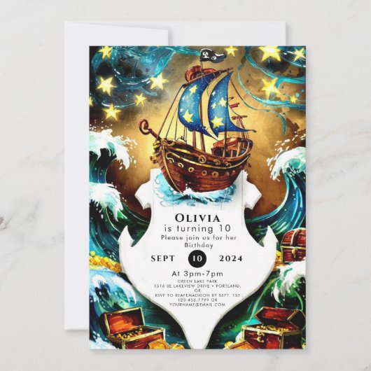 シンプルおもしろい海賊誕生日 招待状 (正面)