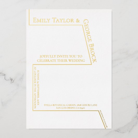 シンプルおもしろい白黒モダン結婚金ゴールド 箔招待状 (正面)