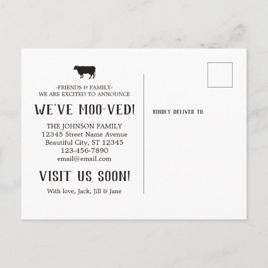 シンプルおもしろいCow引っ越しましたの新しいアドレスの移動 案内ポストカード (裏面)