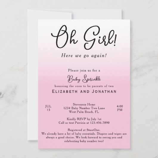 シンプルおもしろいOh Girl Pink 2nd赤ちゃんシャワー散水 招待状 (正面)
