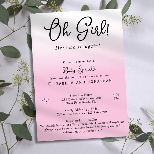 シンプルおもしろいOh Girl Pink 2nd赤ちゃんシャワー散水 招待状