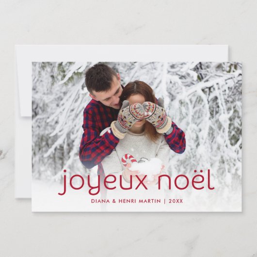 シンプルおよびおもしろいの赤| Joyeux Noelのクリスマスの写真 シーズンカード (正面)