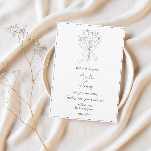 シンプルお洒落花と弓のスケッチ結婚ズ 招待状