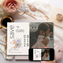 シンプルお洒落蝶サンゴとバイオレット 招待状