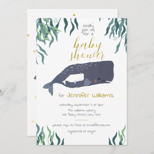 シンプルかわいいシーホエールニュートラルベビーシャワー 招待状 (正面/裏面)