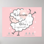 シンプルかわいいジャンピングラム1stバースデーウェルカムピンク ポスター (正面)