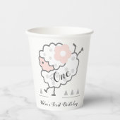 シンプルかわいいジャンピングラム1stバースデーピンク&ホワイト 紙コップ (正面)