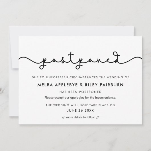 シンプルかわいいフォントの延期発表 招待状 (正面)