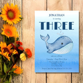 シンプルかわいいホエールブルー海の誕生日3 招待状