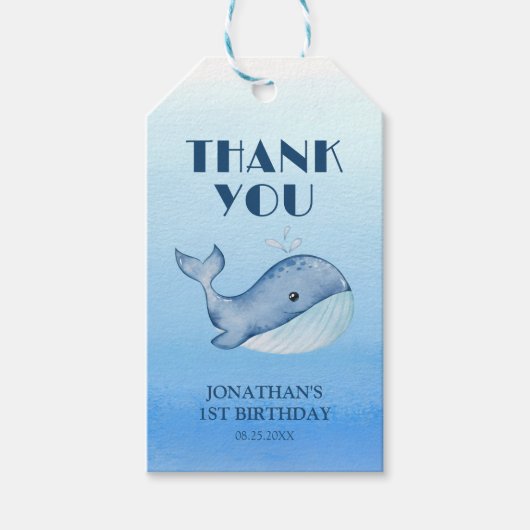シンプルかわいいホエールブルー海1日お誕生日おめでとう ギフトタグ (正面)