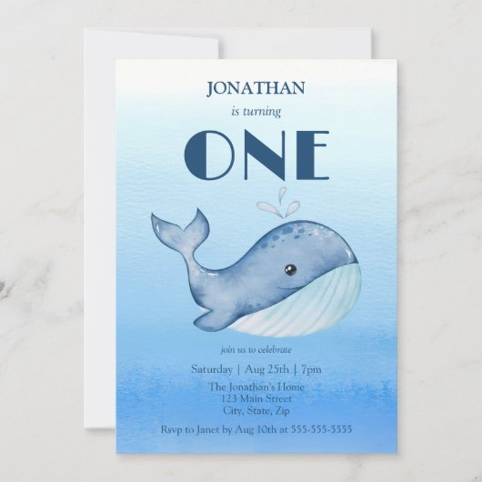 シンプルかわいいホエールブルー海1日 招待状 (正面)