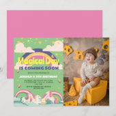 シンプルかわいいユニコーン女の子誕生日写真1歳ベビー 招待状 (正面/裏面)