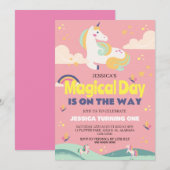 シンプルかわいいユニコーン女の子誕生日写真1歳ベビー 招待状 (正面/裏面)