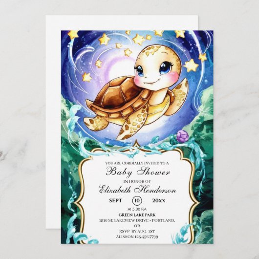 シンプルかわいい亀の赤ちゃんシャワー 招待状 (正面/裏面)
