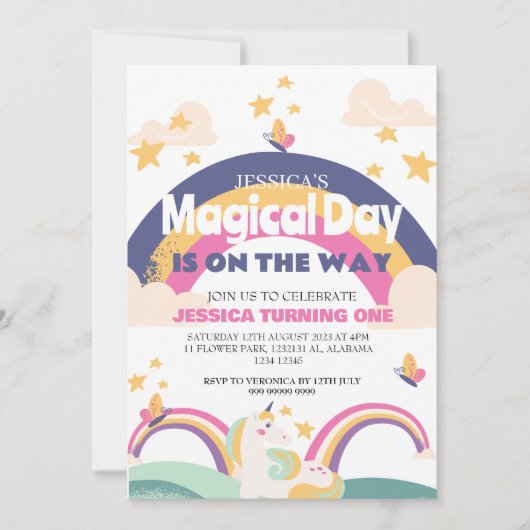 シンプルかわいい女の子ピンクユニコーンファースト誕生日ベビー 招待状 (正面)