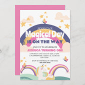 シンプルかわいい女の子ピンクユニコーン1歳誕生日赤ちゃん 招待状 (正面/裏面)