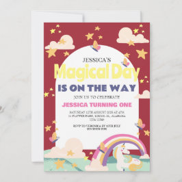 シンプルかわいい女の子フォトユニコーンファースト誕生日ベビー 招待状