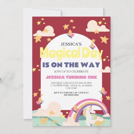 シンプルかわいい女の子フォトユニコーンファースト誕生日ベビー 招待状 (正面)