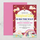 シンプルかわいい女の子フォトユニコーンファースト誕生日ベビー 招待状 (正面/裏面)