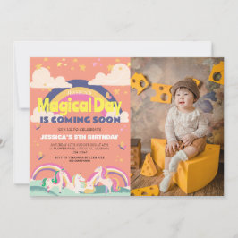 シンプルかわいい女の子フォトユニコーンファースト誕生日ベビー 招待状