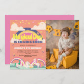 シンプルかわいい女の子フォトユニコーンファースト誕生日ベビー 招待状 (正面/裏面)